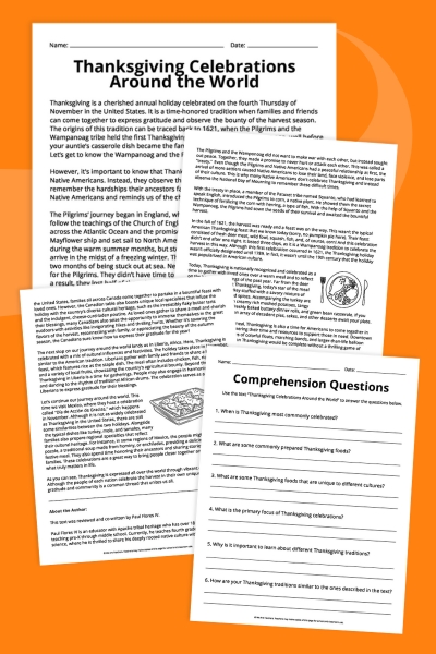 Thanksgiving Reading Comprehension Passage/Questions