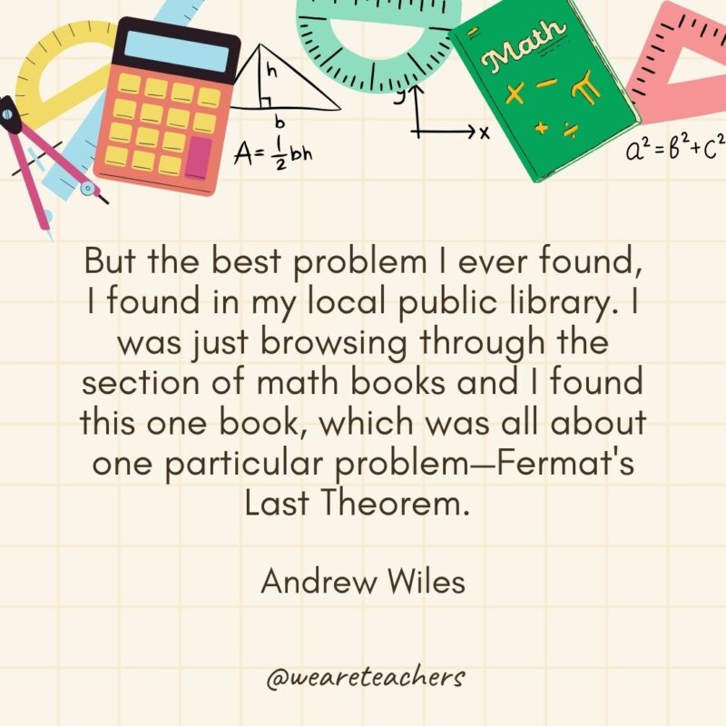 But the best problem I ever found, I found in my local public library. I was just browsing through the section of math books and I found this one book, which was all about one particular problem—Fermat's Last Theorem. — Andrew Wiles