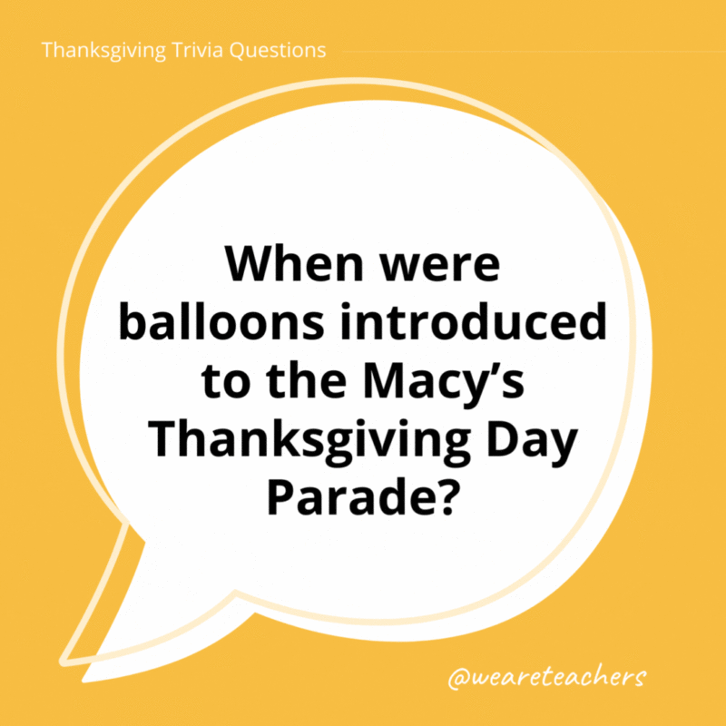 Thanksgiving trivia question in speech bubble that says When were balloons introduced to the Macy's Thanksgiving Day Parade?