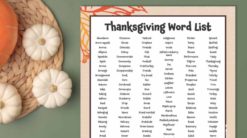 Thanksgiving Word List printable on green background with pumpkins.