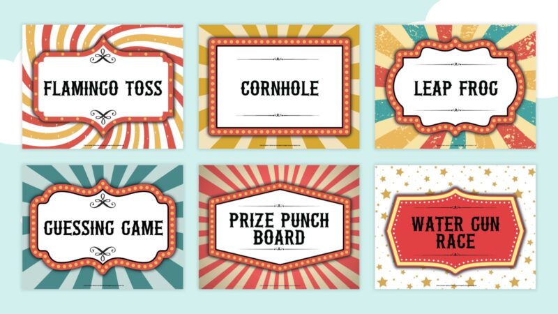 Six free printable carnival signs.