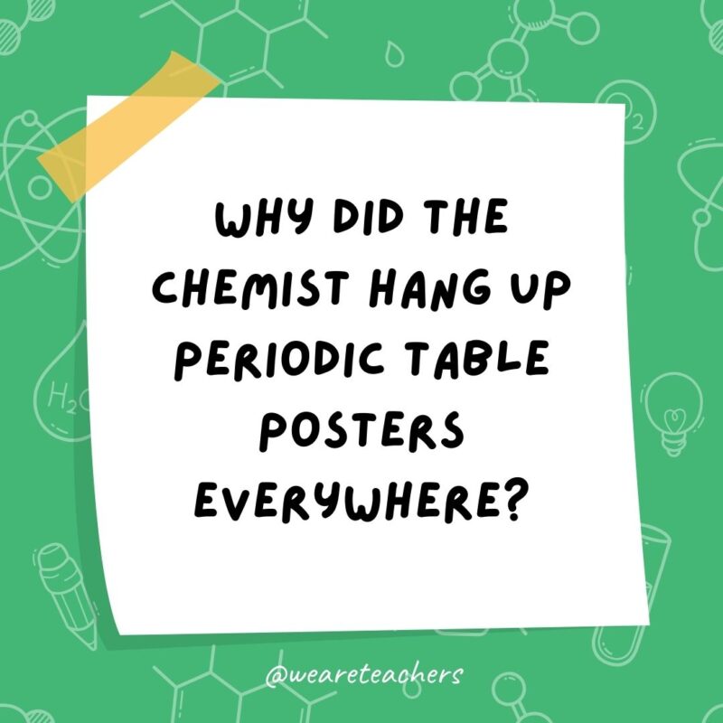 Why did the chemist hang up periodic table posters everywhere? It made him feel like he was in his element.