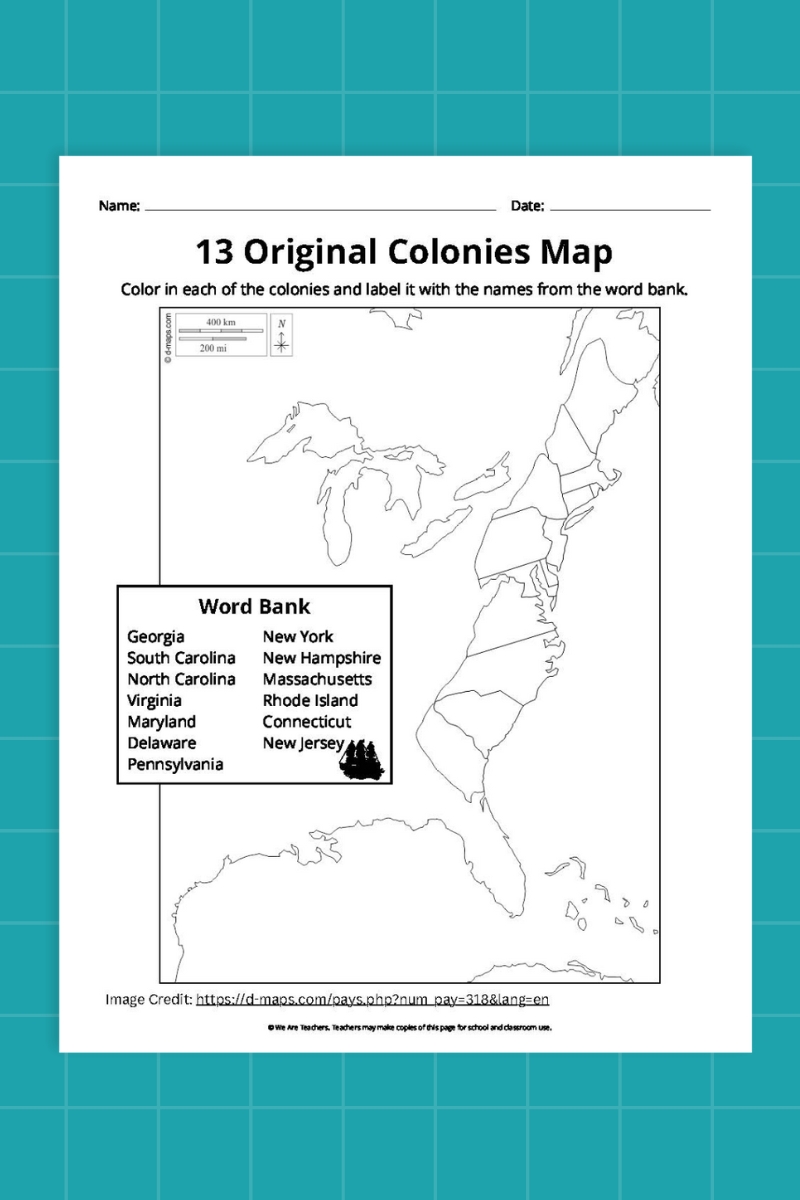 13 Original Colonies Map (Blank)