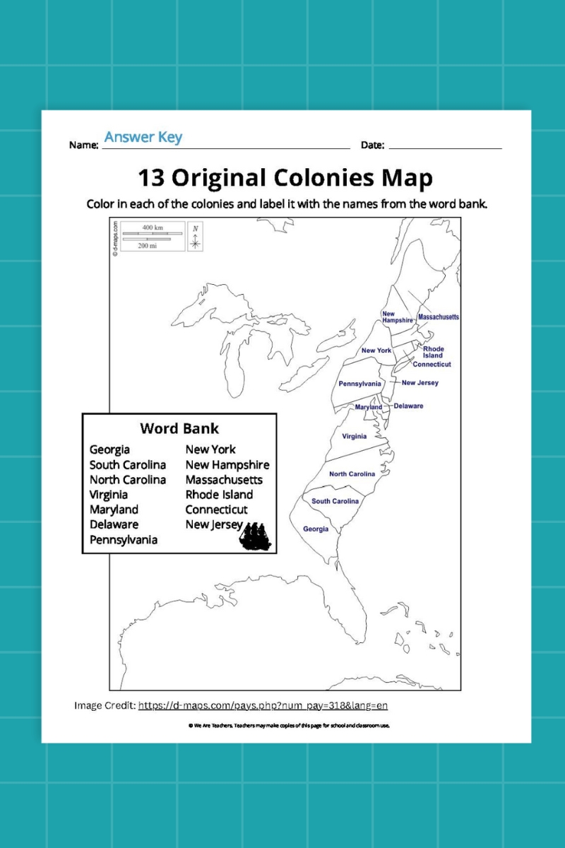 13 Original Colonies Map (Labeled)