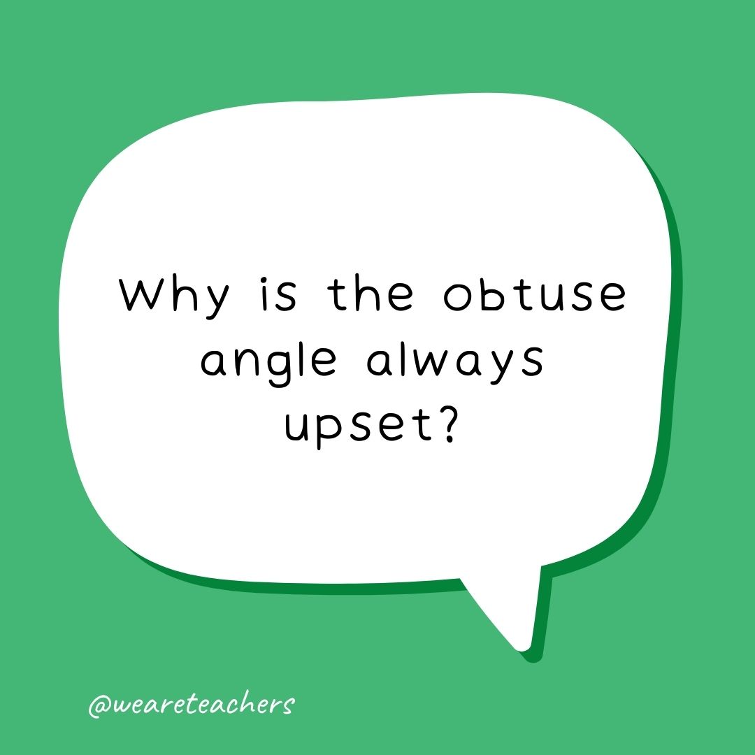 
Why is the obtuse angle always upset?

He can never be right!- school jokes for kids
