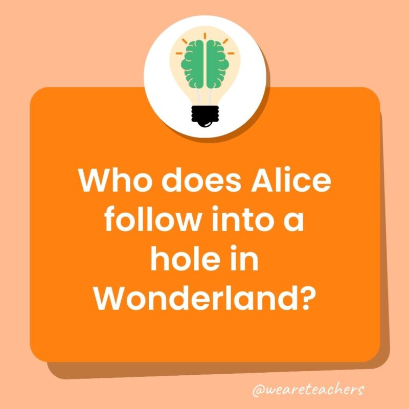 Who does Alice follow into a hole in Wonderland?