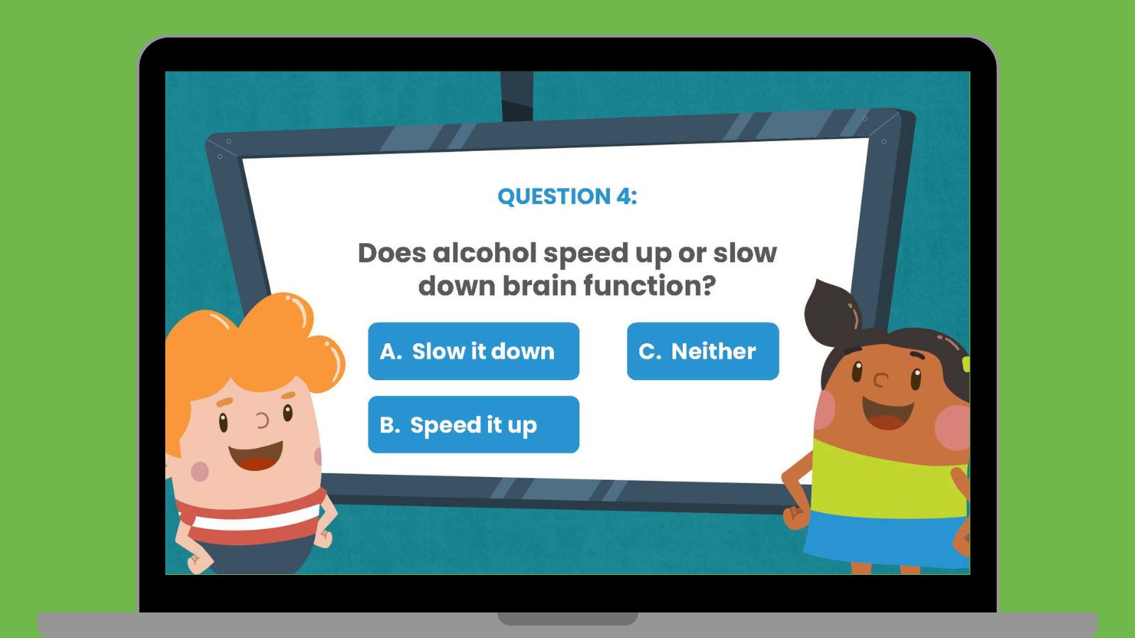 Slide showing one of the questions in the underage drinking prevention game