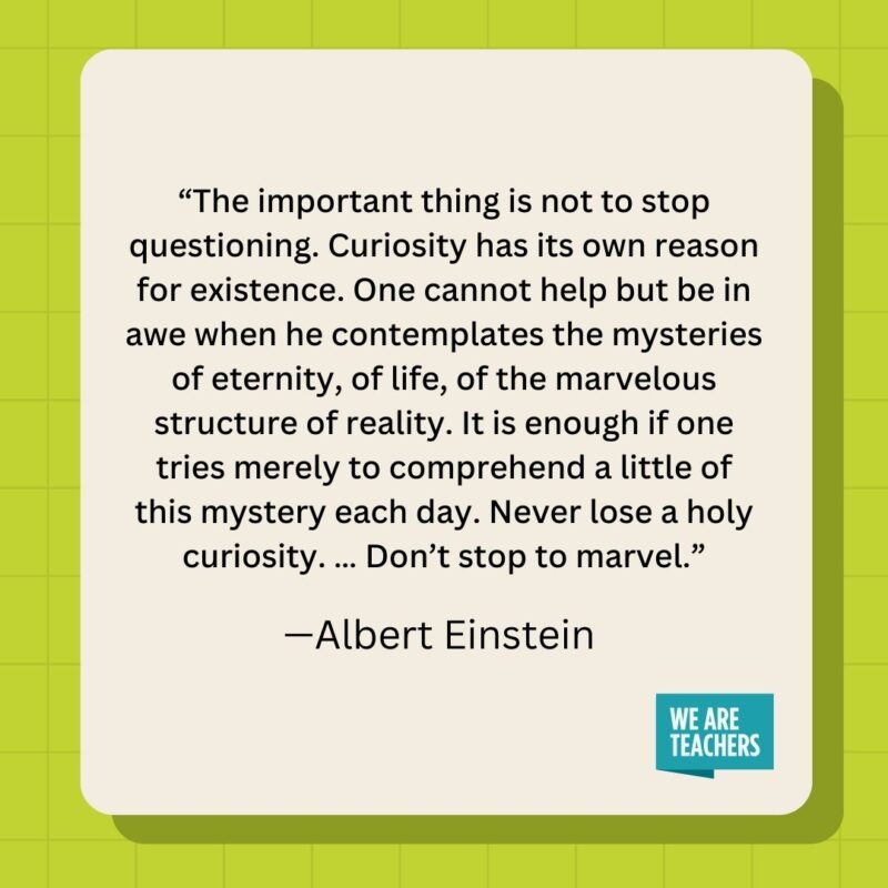 The important thing is not to stop questioning. Curiosity has its own reason for existence. One cannot help but be in awe when he contemplates the mysteries of eternity, of life, of the marvelous structure of reality. It is enough if one tries merely to comprehend a little of this mystery each day. Never lose a holy curiosity. ... Don't stop to marvel.