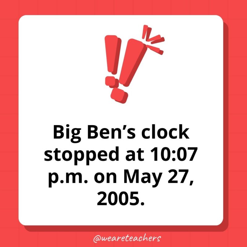 Big Ben's clock stopped at 10:07 p.m. on May 27, 2005.