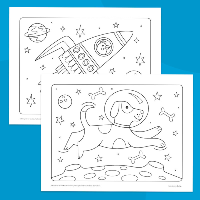 Coloring pages showing a dog and chicken in space