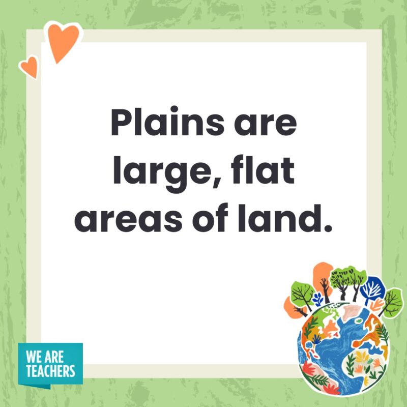 Plains are large, flat areas of land.