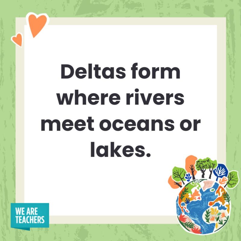 Deltas form where rivers meet oceans or lakes.- facts about Earth