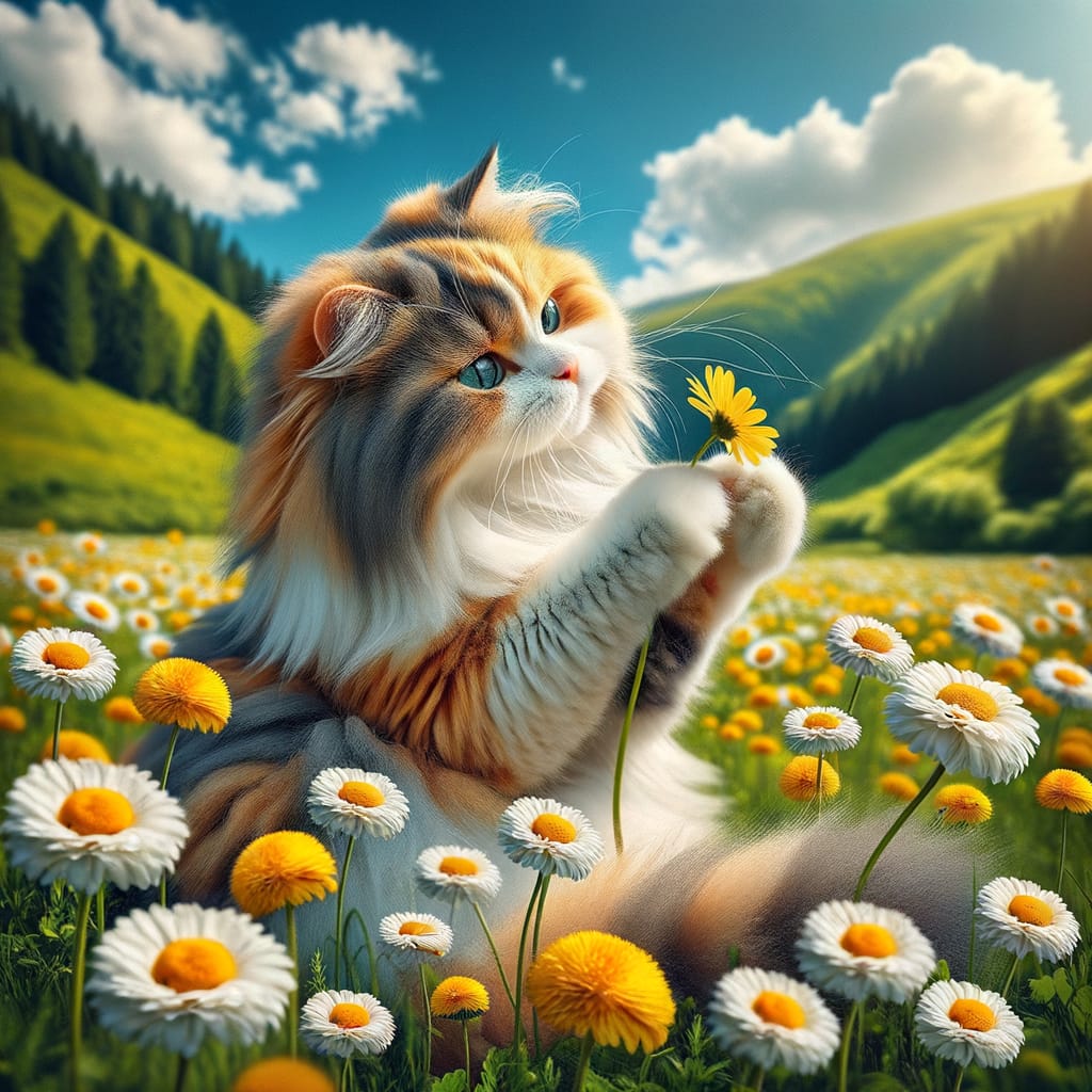 cat picking daisies