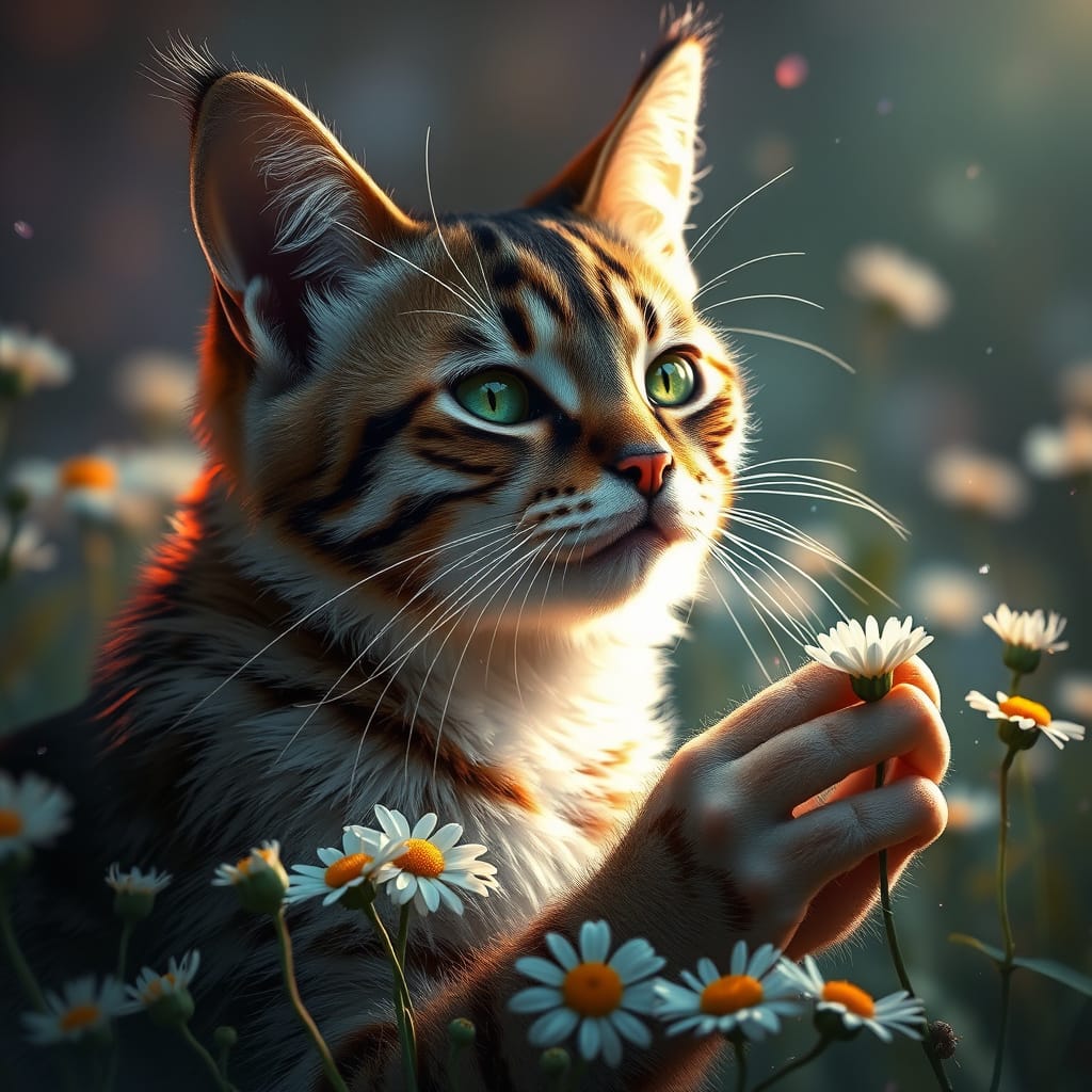 cat picking daisies