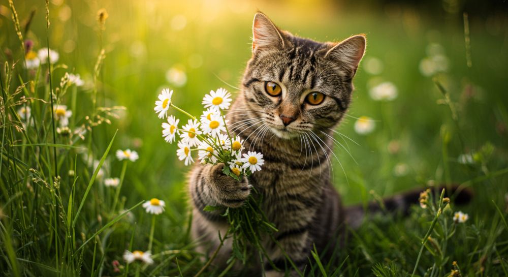 cat picking daisies