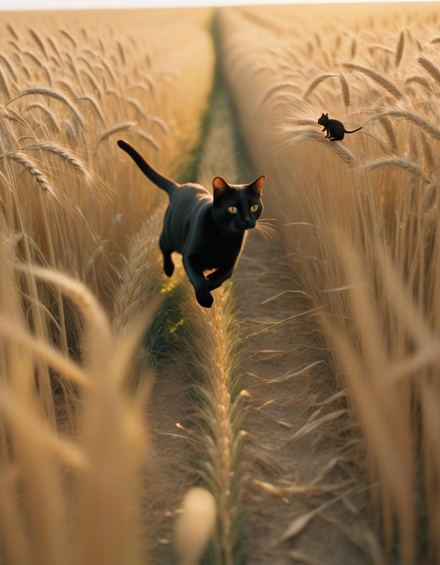 cat chasing mouse in field