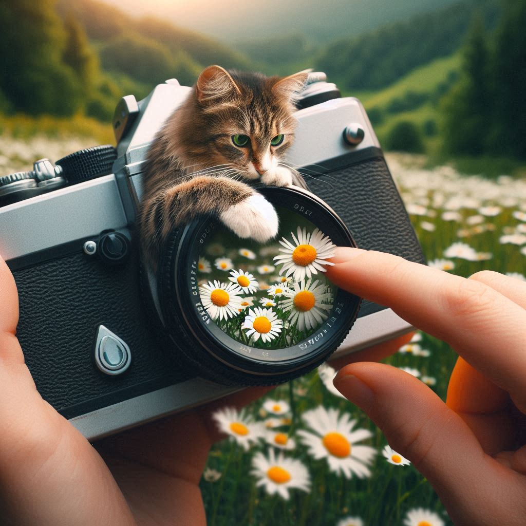 cat emerging from a camera