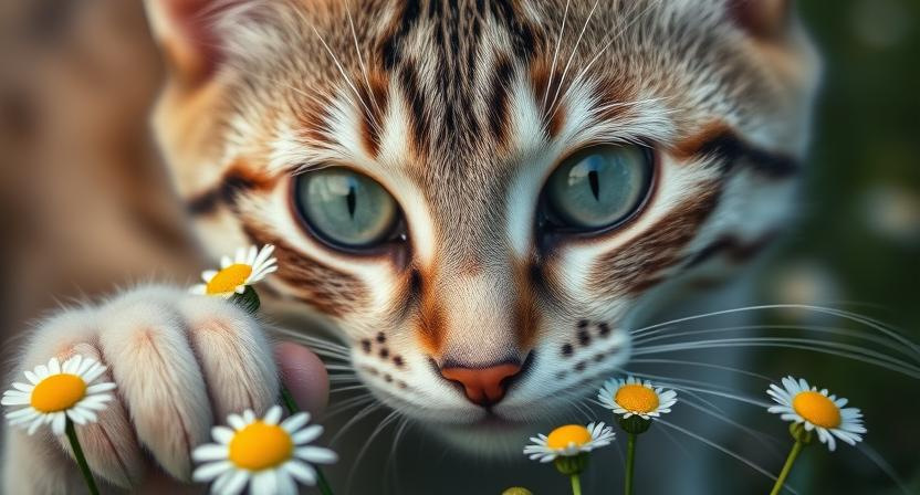 cat picking daisies