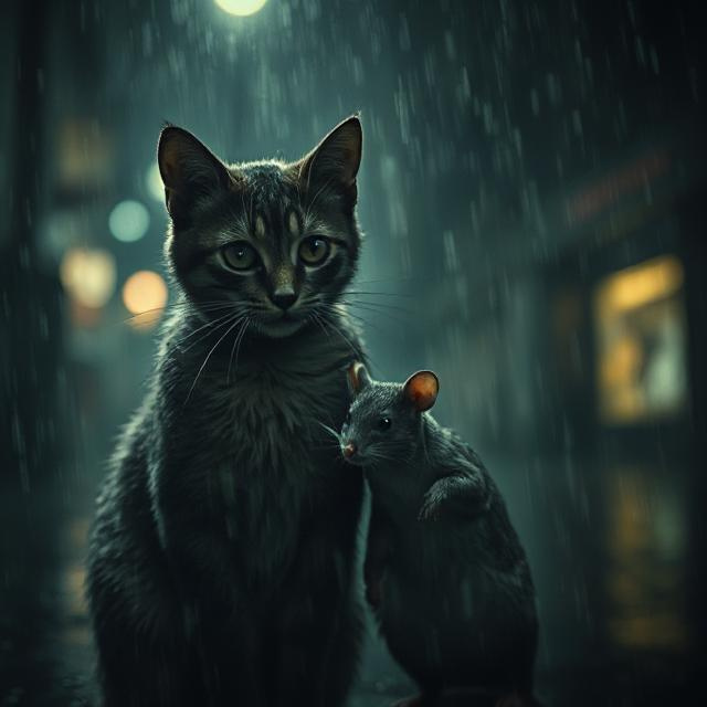 cat and mouse in rain.