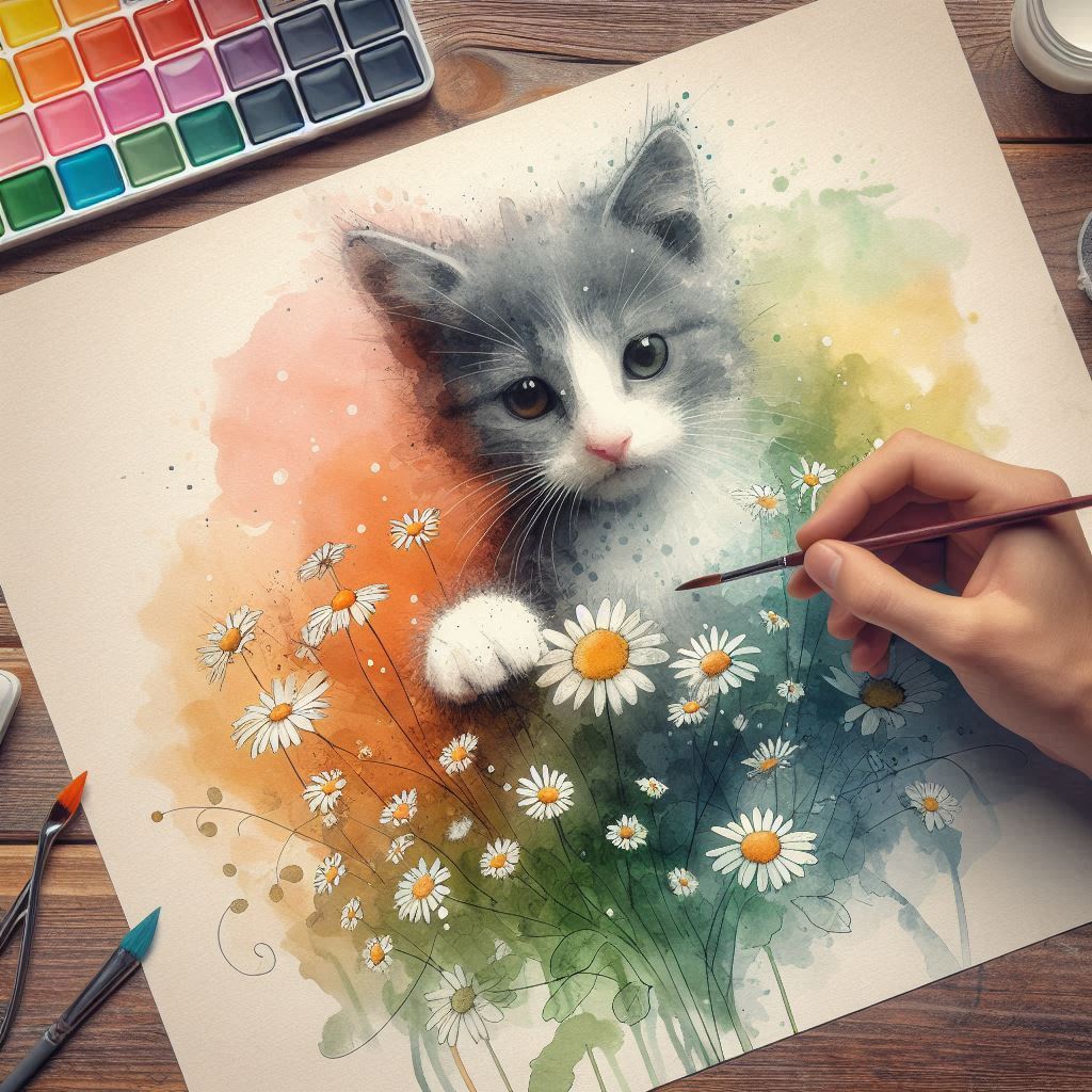 Cat and daisies as watercolor, with artist