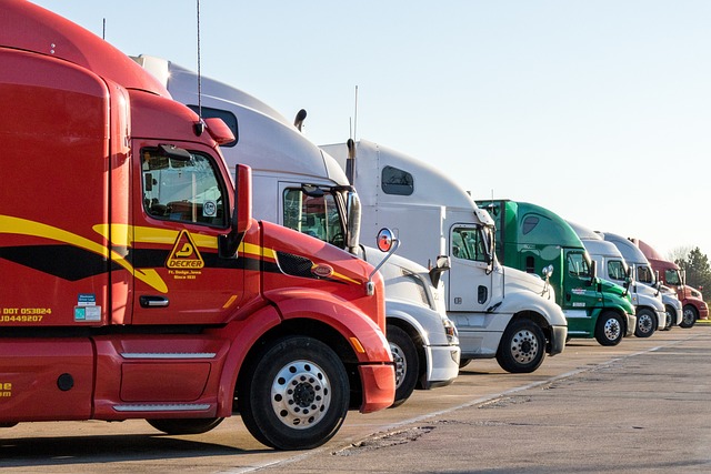 A row of semi trucks in a parking lot. Commercial truck driver is one of the best jobs without a college degree.- best jobs without a college degree