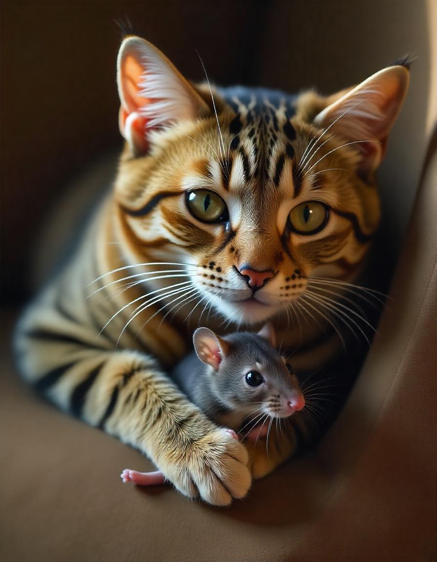 Cat and mouse embracing as friends