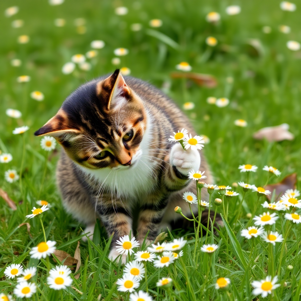 cat picking daisies