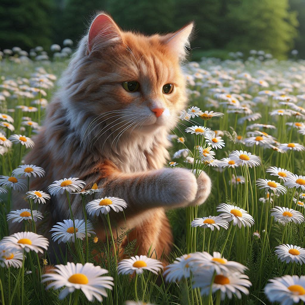 cat picking daisies